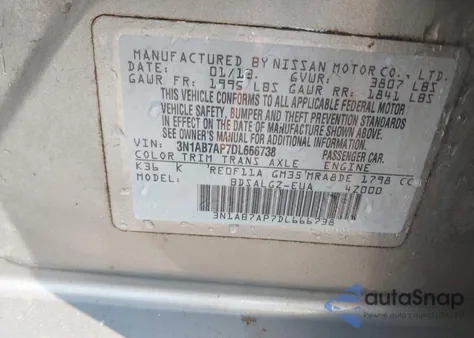 2013 Nissan Sentra Sl from USA, damaged, VIN 3N1AB7AP7DL666738